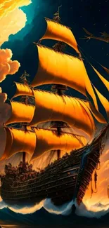 Golden pirate ship with vibrant sails and ocean waves at sunset.