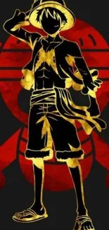 Golden silhouette of a pirate on dark background.