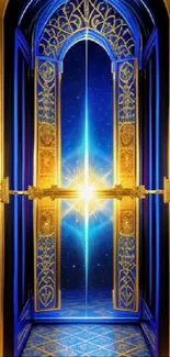 Golden and blue portal wallpaper with starry background.