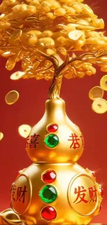 Golden prosperity tree art on red background.