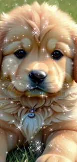 Golden retriever puppy with sparkles on grass background.