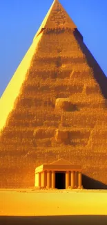 Golden pyramid in desert landscape with blue sky backdrop.