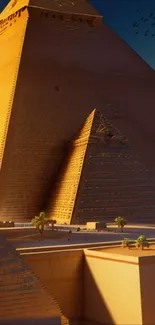 Golden pyramids with sunset hues and tranquil scenery.