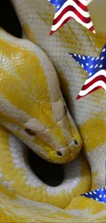 Golden yellow python with American stars overlay on a mobile wallpaper.