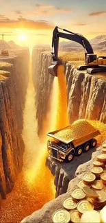 Surreal image of machinery digging in a golden landscape with coins and a canyon.