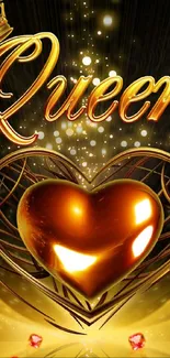 Golden heart with crown and sparkles in queen-themed wallpaper.