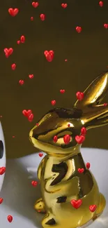 Golden rabbit with red heart bubbles on a decorative background.