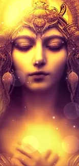 Serene goddess in radiant golden hue, enchanting mobile wallpaper.