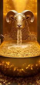 Luxurious golden ram sculpture with coin-filled bath.