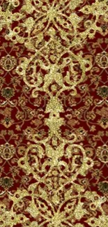 Golden ornate pattern on rich red background wallpaper.