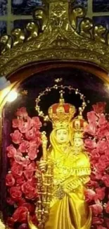 Golden religious icon surrounded by vibrant roses.