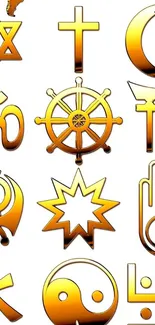 Golden religious symbols with world map on white background.