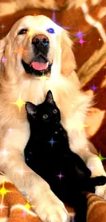 Golden retriever and black cat snuggling on a patterned blanket.