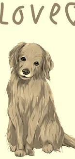 Illustrated golden retriever with love text in beige tones.