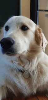 Golden retriever dog lying on hardwood floor indoors.