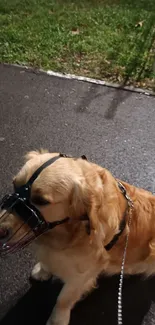 Golden Retriever with muzzle at night on a paved path.