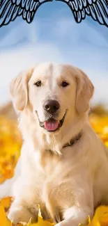 Golden retriever in autumn leaves with a bright blue sky.