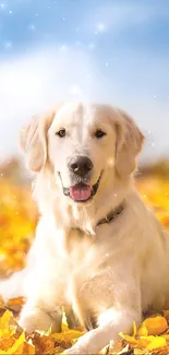 Golden retriever on yellow leaves in autumn landscape.