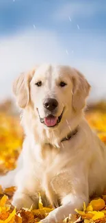 Golden Retriever on yellow leaves under blue sky.