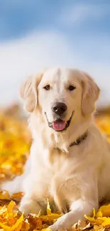 Golden retriever lying on yellow autumn leaves under a blue sky.