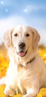 Adorable golden retriever in vibrant autumn leaves under a clear blue sky.