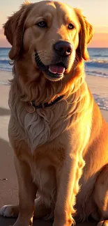 Golden Retriever at sunset on a beach with ocean waves in the background.