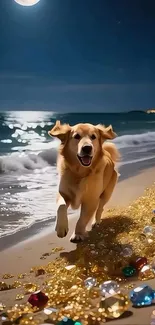 Golden retriever running on a gem-studded beach under the moonlight.