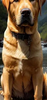 Golden retriever sitting by the riverside, surrounded by nature.