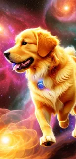 Golden retriever in a cosmic galaxy scene, vibrant and colorful.