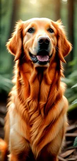 Golden retriever enjoying a walk in a lush forest setting, sunlight filtering through trees.