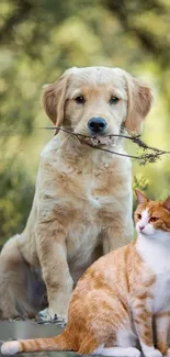 Golden retriever puppy holding a stick in a lush green forest scene.