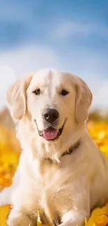 Golden Retriever on yellow autumn leaves with a clear blue sky background.