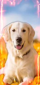 Golden Retriever in a field of autumn leaves with fiery orange borders.