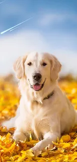 Golden retriever dog lying on autumn leaves with blue sky background.