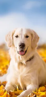 Golden Retriever smiling on yellow autumn leaves.