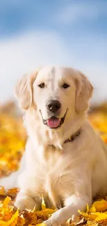 Golden Retriever enjoys autumn leaves under a clear blue sky, perfect for wallpaper.