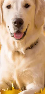 Golden retriever smiling among autumn leaves.