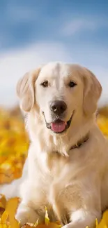 Golden retriever laying in autumn leaves with a vibrant sky background.