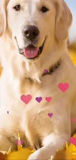 Golden retriever with pink hearts on autumn leaves background.