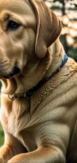 Golden retriever enjoying autumn breeze outdoors with soft evening light.