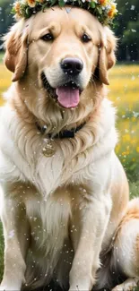 Golden Retriever with flower crown in a field of wildflowers.