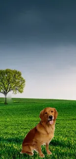 Golden Retriever sitting in a lush green field with a lone tree under a dramatic sky.