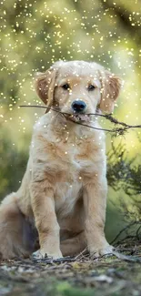 Golden Retriever puppy with stick in a lush natural setting.