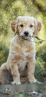 Golden retriever puppy in a sparkling forest background.