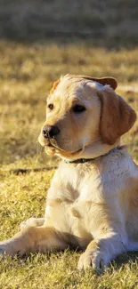 Golden retriever resting on sunlit grass field.