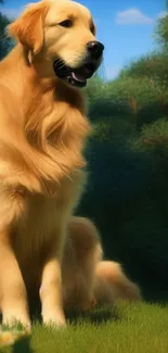 Golden retriever sitting in sunlit garden next to shrubbery.