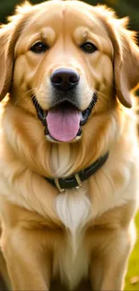 Smiling golden retriever in sunlight on grass