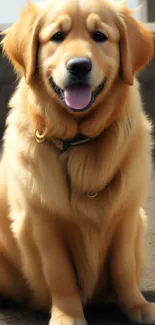 Adorable golden retriever sits happily in mobile wallpaper.