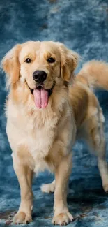 Golden retriever with tongue out on blue background.