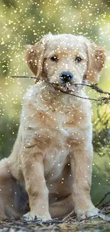 Golden retriever puppy with a stick in a nature setting.